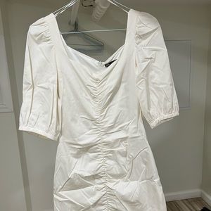 ZARA White Puff Sleeve Ruched Mini Dress